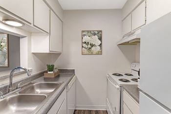 Kitchen with white cabinets and white appliances